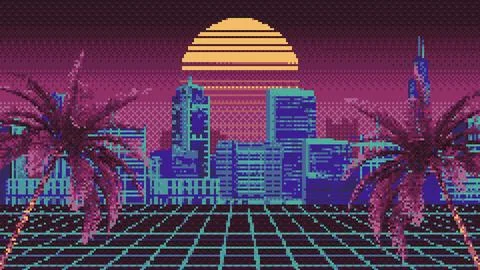 Pixel city background with palm trees. 8-bit retro background. Stock Illustration