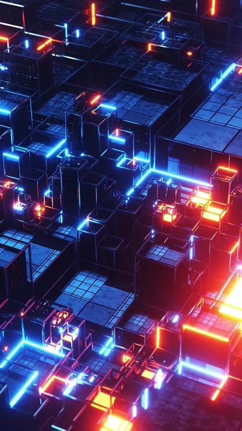 Pixel city in an illuminated space. Vertical looped video Stock Footage 229460038