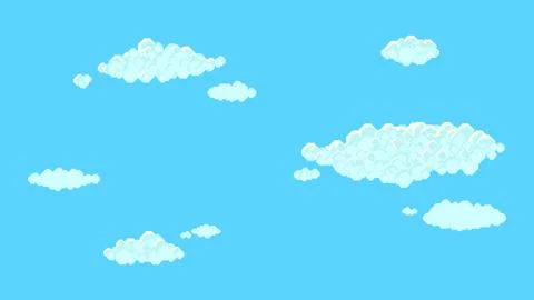 Pixel cloud set. Drifting clouds across blue sky. 8-bit sky, retro style cl.. Illustrazione stock