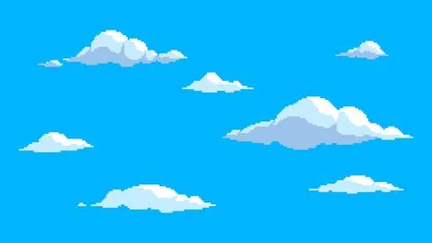 Pixel cloud set. Flying clouds on blue sky. 8-bit sky, retro style cloudy s.. Stock Illustration