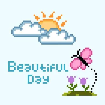 Pixel cloud, sun, flower, butterfly pattern with writing beautiful day. Vecto Иллюстрация