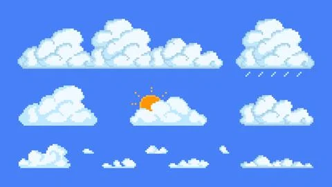 Pixel cloud varieties. White fluffy clusters with rain and peeping sun Stock Illustration