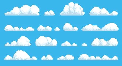 Pixel clouds. Retro game graphic asset, 8 bit landscape design elements, white 스톡 일러스트