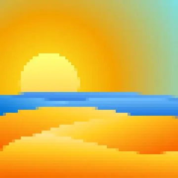 Pixel coastline, sandy beach and shore. Sunset on the beach in the style of.. Stock Illustration
