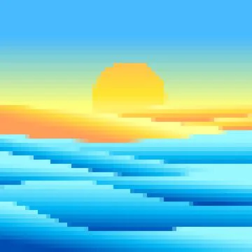 Pixel coastline, sandy beach and shore. Sunset on the beach in the style of.. Stock Illustration
