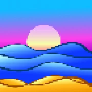 Pixel coastline, sandy beach and shore. Sunset on the beach in the style of.. Stock Illustration
