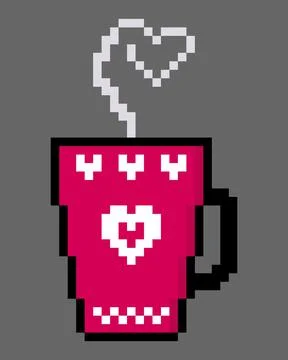 Pixel coffee cup with love image. Hot Coffee cup pattern. for 8 bit game assets Illustrazione stock