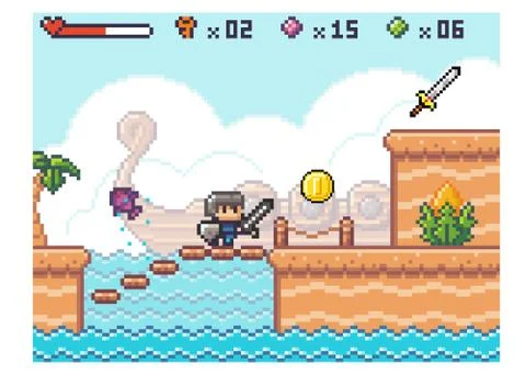 Pixel computer game interface. Knight in armor is climbing the stairs. Hero is Illustrazione stock