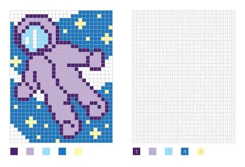 	Pixel cosmonaut in the coloring page with numbered squares Stock Illustration