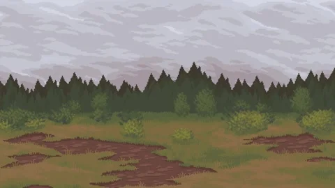 Pixel countryside field with forest and moving clouds Stock Footage 331788642