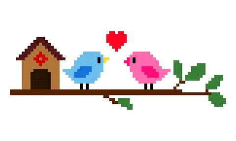 Pixel couple birds in love. Pattern two bird image, blue and pink. Vector Ill Stock Illustration