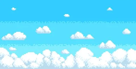 Pixel cumulus clouds in blue sky. Retro video game background, 8 bit heaven Ilustração Stock