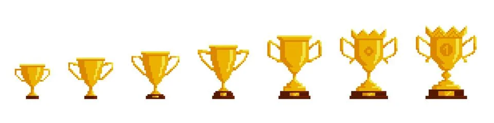 Pixel cup animation. Frame by frame golden award upgrade, retro 8 bit game Stock Illustration