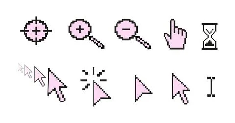 Pixel cursor and pointer icons set in retro style. Minimal pixelated mouse arrow Stock Illustration