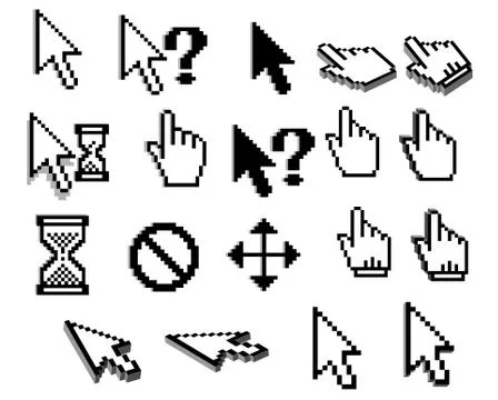 Pixel cursor icons in black and white Illustrazione stock