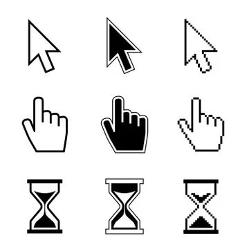 Pixel cursor pointer, hand, arrow, hourglass, click, press vector icons Stock Illustration