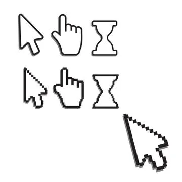 Pixel cursors icons. Mouse computer cursor. Hand arrow web cursor vector 스톡 일러스트
