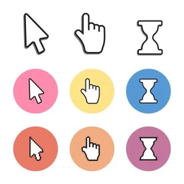 Pixel cursors icons. Mouse computer cursor. Hand arrow web cursor vector Stock Illustration