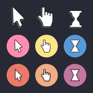 Pixel cursors icons. Mouse computer cursor. Hand arrow web cursor vector Stock Illustration