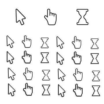 Pixel cursors icons. Mouse computer cursor. Hand arrow web cursor vector Stock Illustration