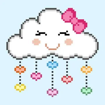Pixel a cute cartoon face cloud with colorful rain drops. Vector Illustration Illustrazione stock