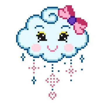Pixel a cute cartoon face cloud with colorful rain drops. Vector Illustration Illustrazione stock