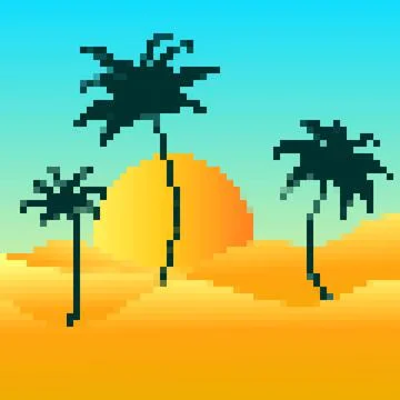 Pixel desert landscape with palm trees and sand dunes. Landscape with palm .. Stock Illustration
