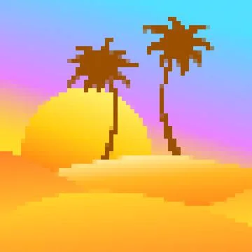 Pixel desert landscape with palm trees and sand dunes. Landscape with palm .. Stock Illustration