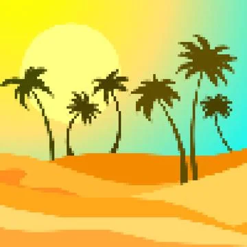Pixel desert landscape with palm trees and sand dunes. Landscape with palm .. Stock Illustration