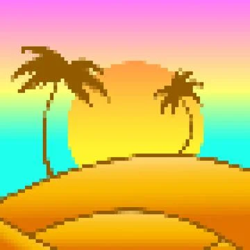 Pixel desert landscape with palm trees and sand dunes. Landscape with palm .. Stock Illustration
