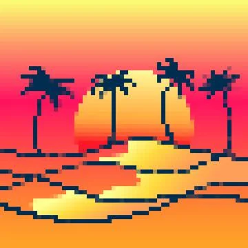 Pixel desert landscape with palm trees and sand dunes. Landscape with palm .. Stock Illustration