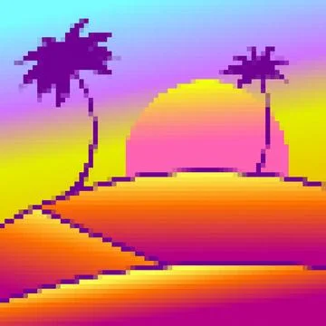 Pixel desert landscape with palm trees and sand dunes. Landscape with palm .. Stock Illustration
