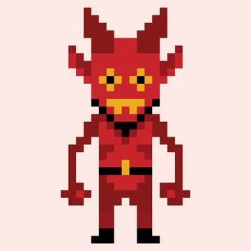 Pixel devil or demon icon. 8 bit evil character for video games and applications Stock Illustration