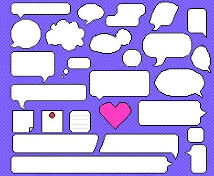 Pixel dialog set. Speech bubbles, dialog, note, thought. All elements group.. Stock Illustration