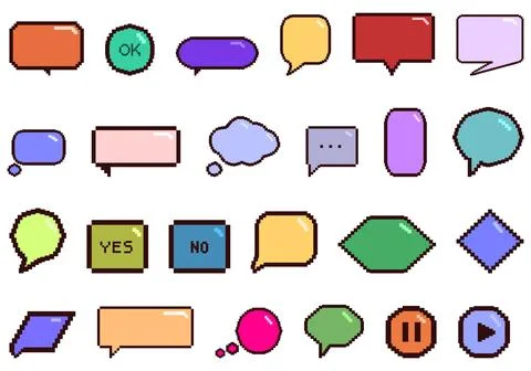 Pixel dialogue box icons set cartoon vector. Bubble speech Illustration