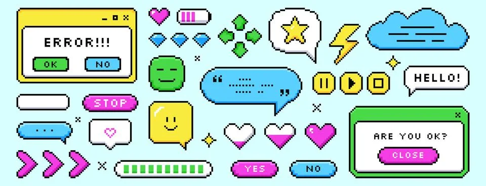 Pixel dialogue boxes, speech bubbles, buttons, message frames and retro game 스톡 일러스트