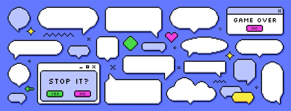 Pixel dialogue boxes, speech bubbles, flash message frames and retro game 스톡 일러스트