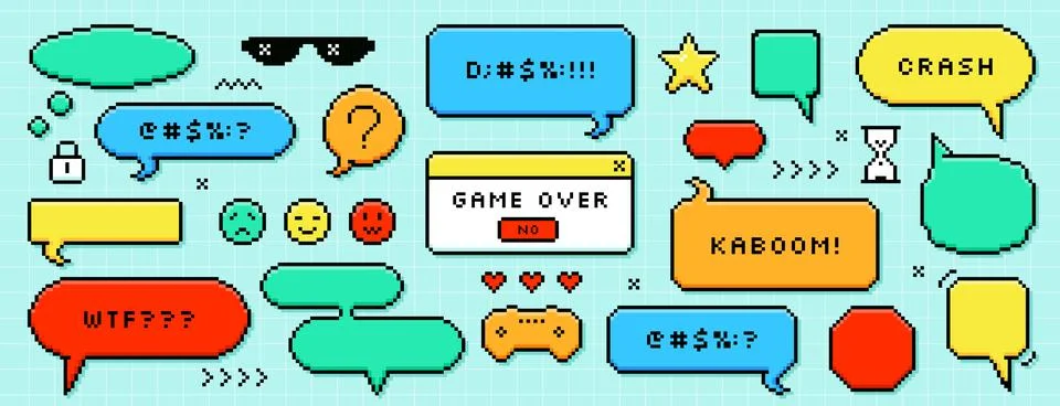 Pixel dialogue boxes, speech bubbles, buttons, message frames and retro game 스톡 일러스트