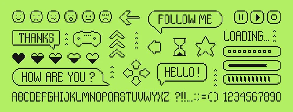 Pixel dialogue boxes, speech bubbles, buttons, letters and numbers, retro game Stock Illustration