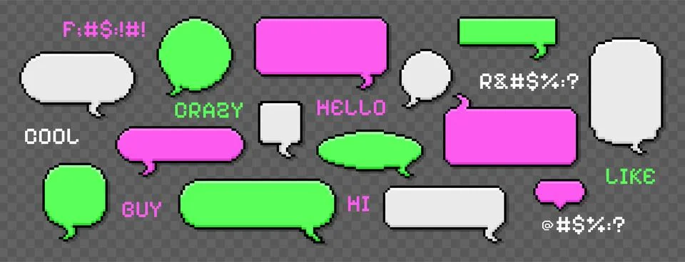 Pixel dialogue boxes, speech bubbles, empty message frames and retro game 스톡 일러스트