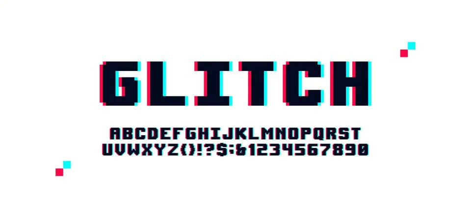 Pixel digital glitch alphabet distorted screen error effect, latin letters an 스톡 일러스트