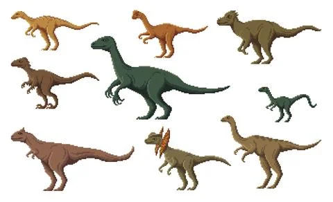 Pixel dinosaur characters, 8 bit game dino animals Stock Illustration