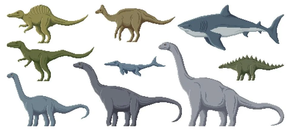 Pixel dinosaur characters, 8 bit game dino animals Stock Illustration
