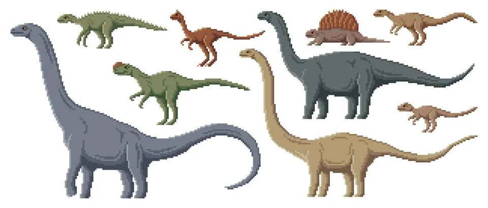 Pixel dinosaur characters, 8bit arcade game animal Stock Illustration