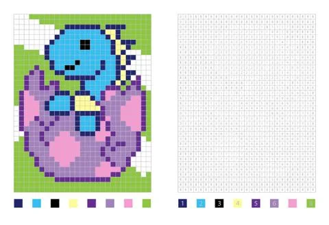 	Pixel dinosaur in the eggshell cartoon in the coloring page with numbered squar Stock Illustration