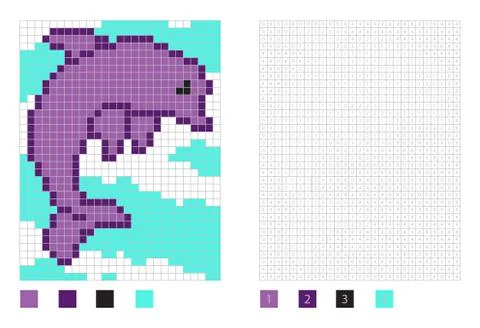 Pixel dolphin cartoon in the coloring page with numbered squares Stock Illustration