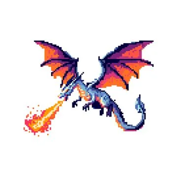 Pixel dragon breathing fire with blue body and wings Stock Illustration