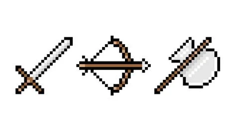 Pixel edged weapons set. Sharp medieval crusader sword with powerful combat bow Illustrazione stock