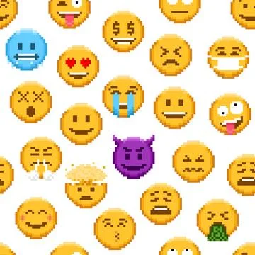 Pixel emoji seamless pattern, 8 bit background Illustrazione stock
