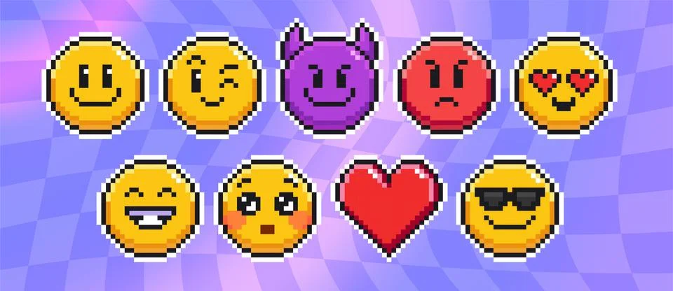 Pixel emoticon set - 8 bit yellow faces Stock Illustration